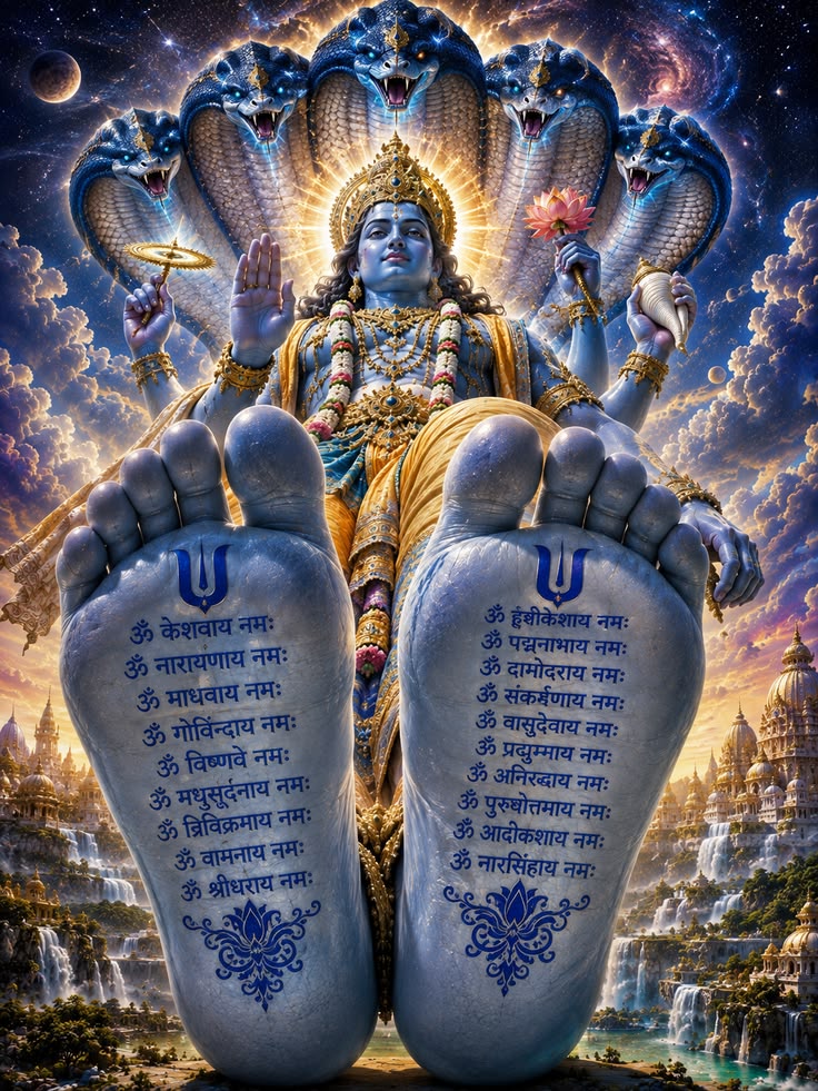 Lord Narayana seated in divine glory beneath the shelter of Sheshanaga, His lotus feet marked with sacred Vishnu symbols