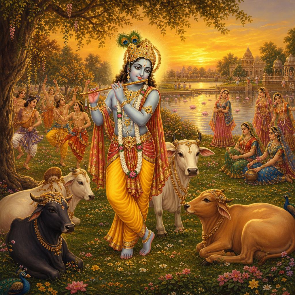 Lord Krishna playing His divine flute in Vrindavan with cows, gopis and cowherd boys near Radha Kund
